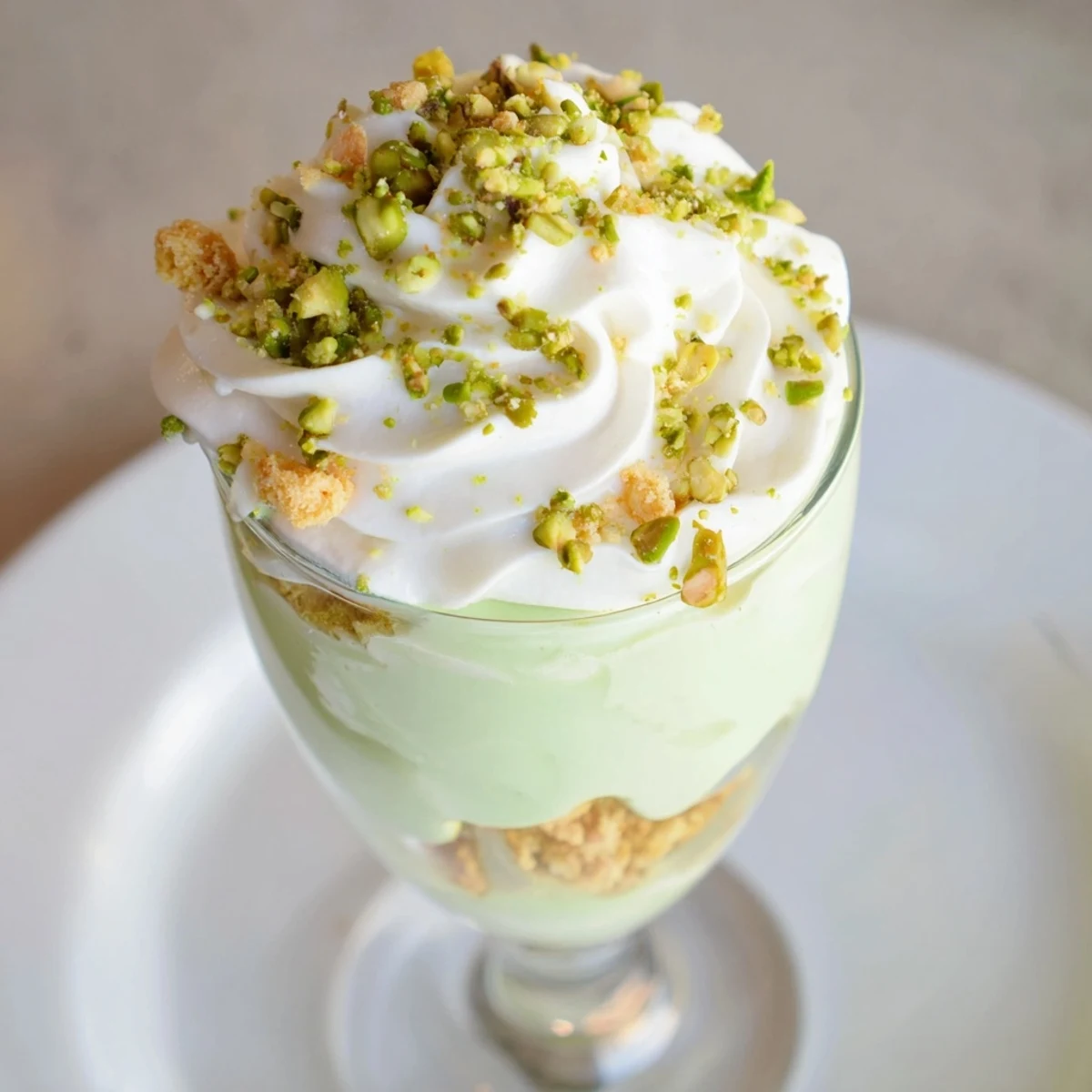 Creamy pistachio pudding layers with whipped cream and crushed cookies in a festive St. Patrick's Day parfait glass.  
