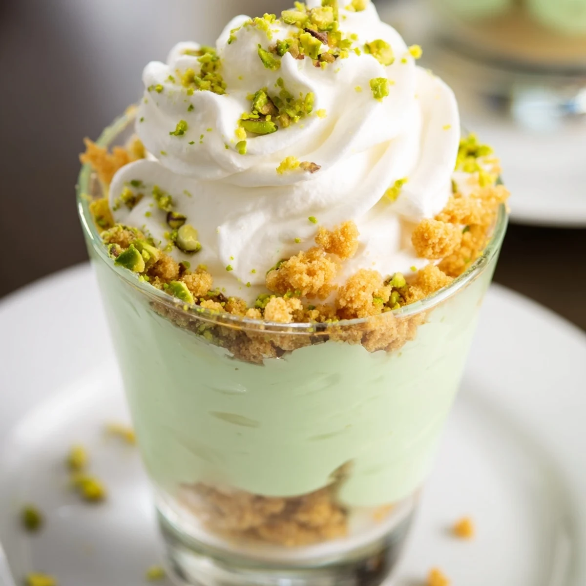 Festive green St. Patrick's Day pistachio pudding parfait topped with chopped nuts and a mint garnish.  