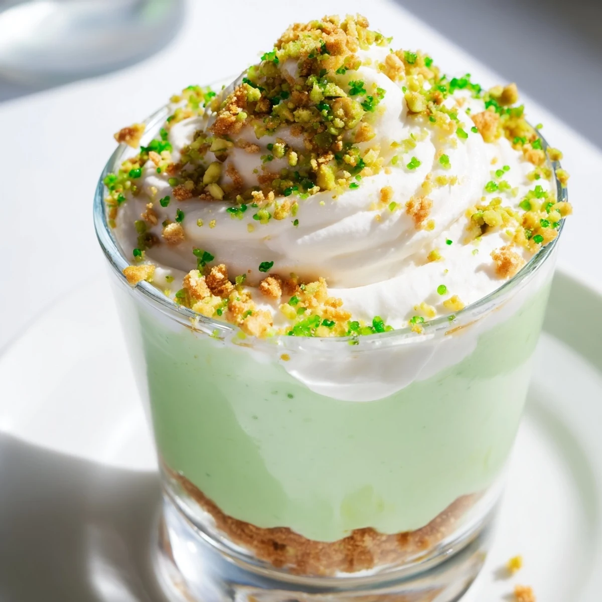 Layers of pistachio pudding, vanilla whipped cream, and cookie crumbles in a clear dessert glass.