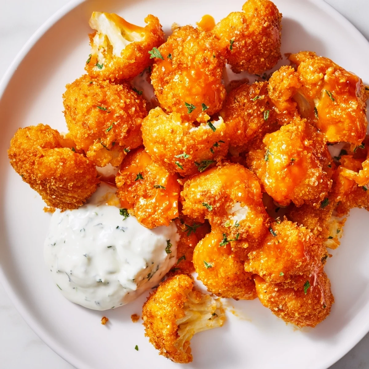 Golden baked Crispy Buffalo Cauliflower Bites cooling on a platter next to a creamy bowl of ranch.