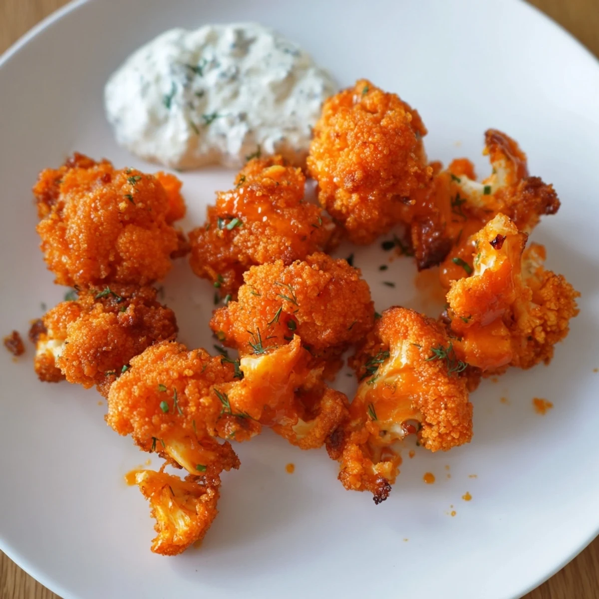 Platter of Crispy Buffalo Cauliflower Bites with golden panko crusts and a side of homemade ranch.