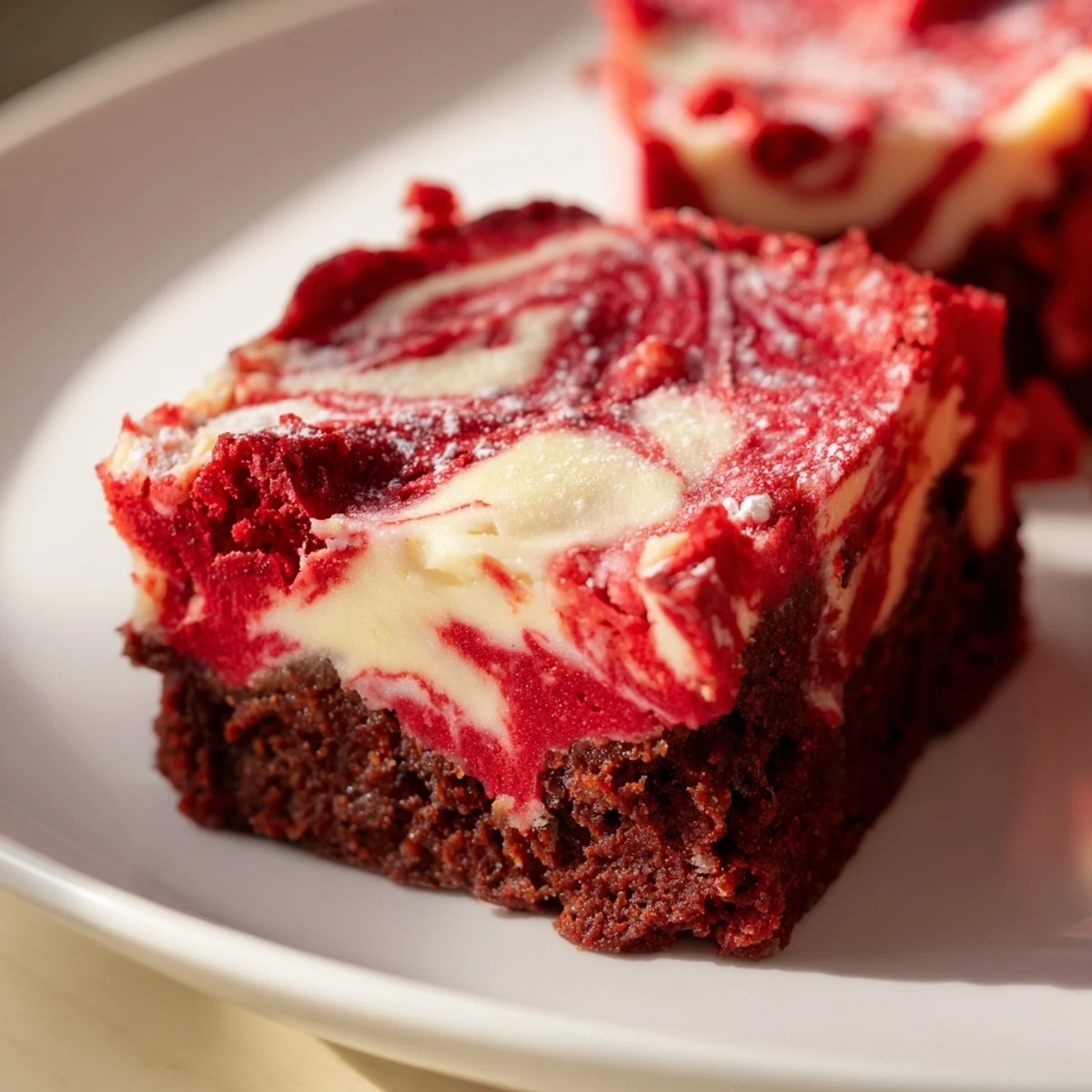 Close-up of Red Velvet Cheesecake Brownie Bites on a rustic wooden board, showcasing rich marbled layers and vibrant red swirls.  