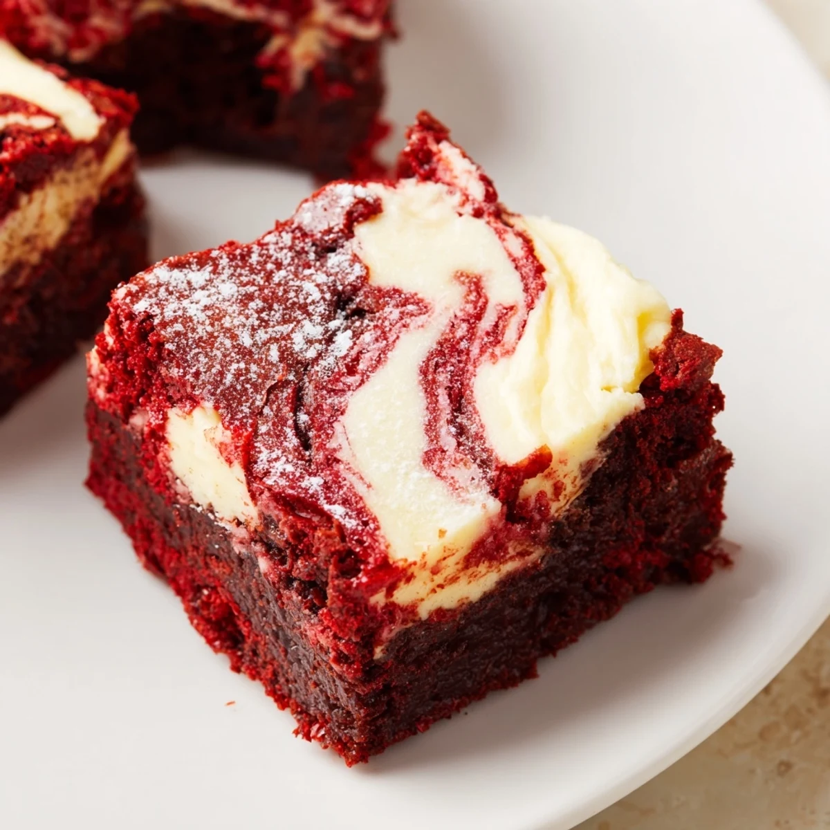 Freshly baked Red Velvet Cheesecake Brownie Bites arranged on a white plate, topped with chocolate shavings for a decadent presentation.  