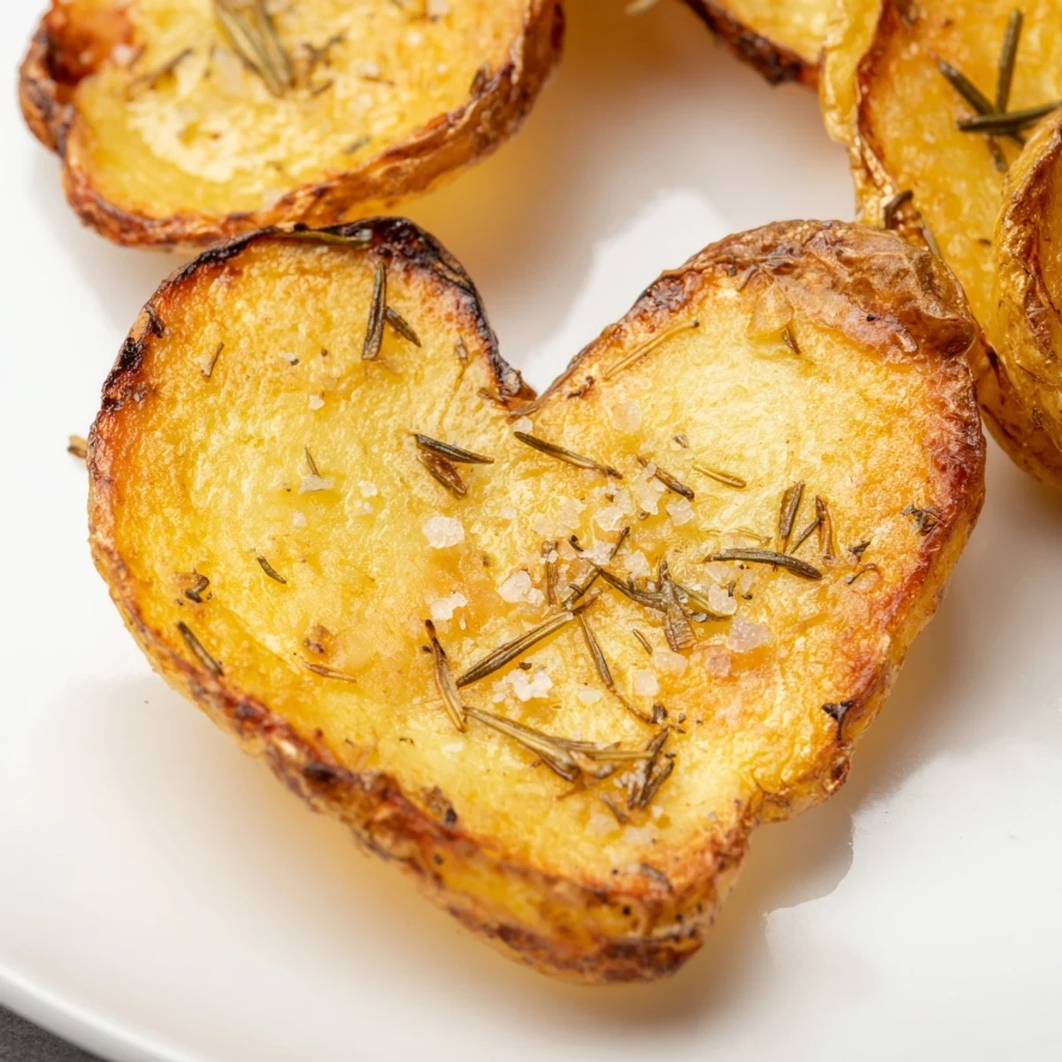 Golden-brown roasted heart-shaped potatoes with rosemary sit on a white plate, garnished with fresh parsley and a small bowl of creamy dipping sauce.