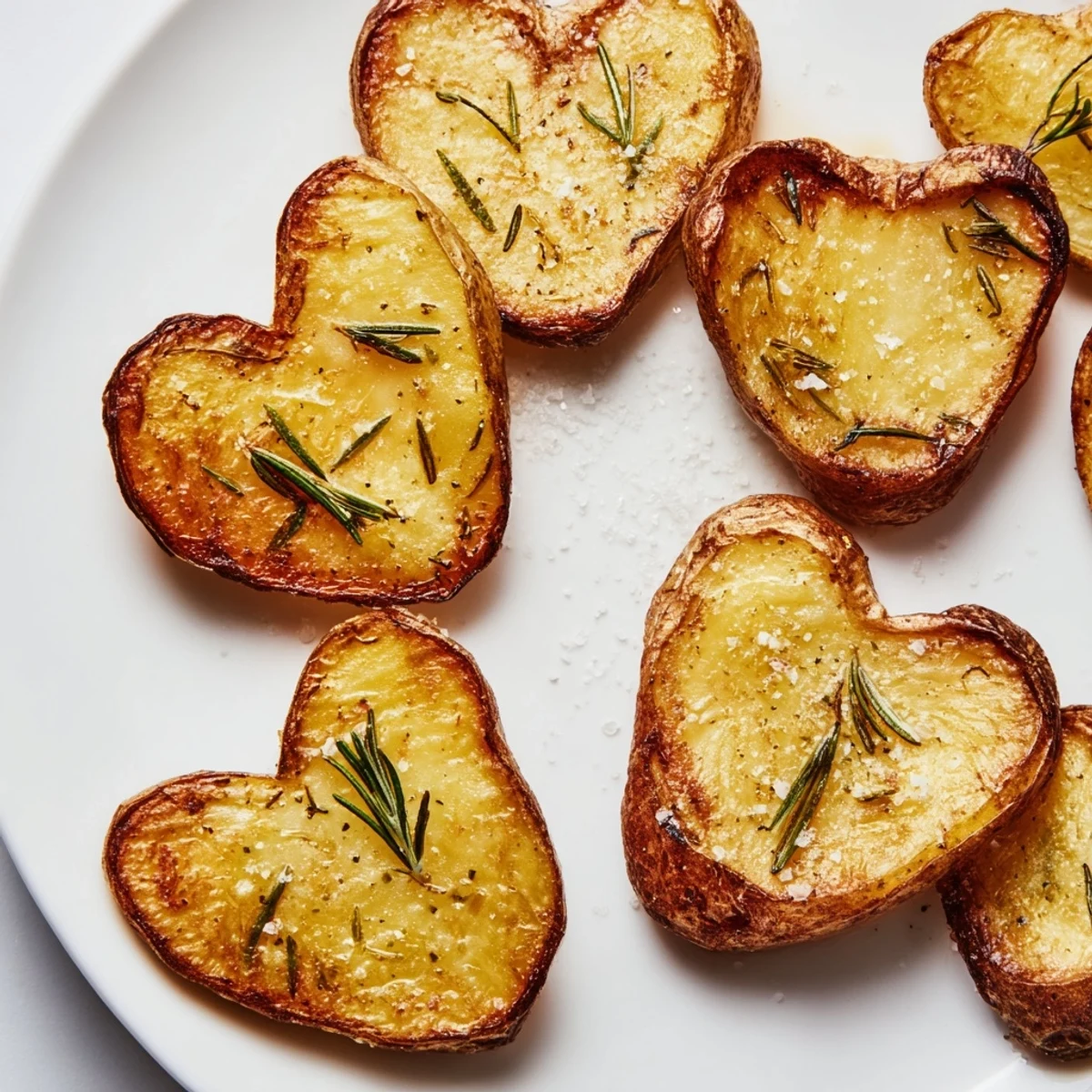 These crispy-edged, fluffy-centered heart-shaped potatoes with rosemary are arranged on a parchment-lined baking sheet ready to be served.