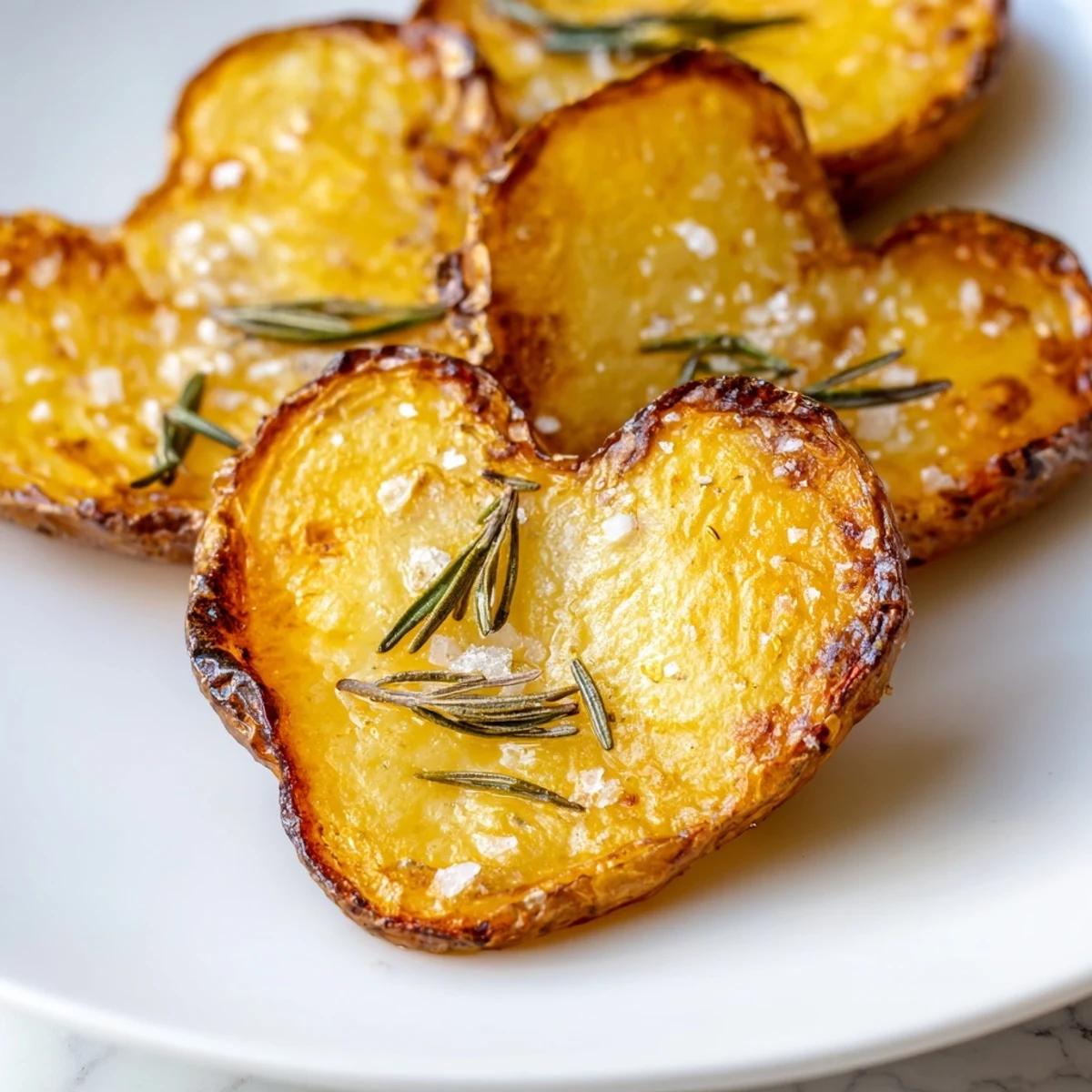 A close-up of roasted heart-shaped potatoes with rosemary, showcasing their crisp texture and aromatic herb garnish on a marble surface.