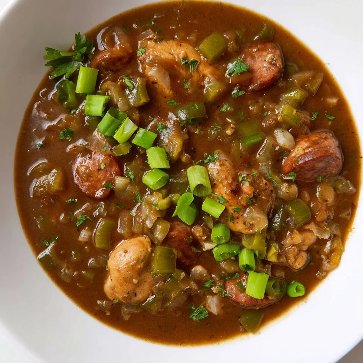 A steaming bowl of Chicken and Beef Sausage Gumbo ladled over fluffy white rice, garnished with fresh parsley and green onions.
