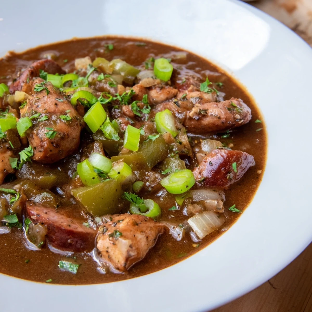 Serving of Chicken and Beef Sausage Gumbo in a rustic bowl, ready to enjoy with a side of crusty French bread.