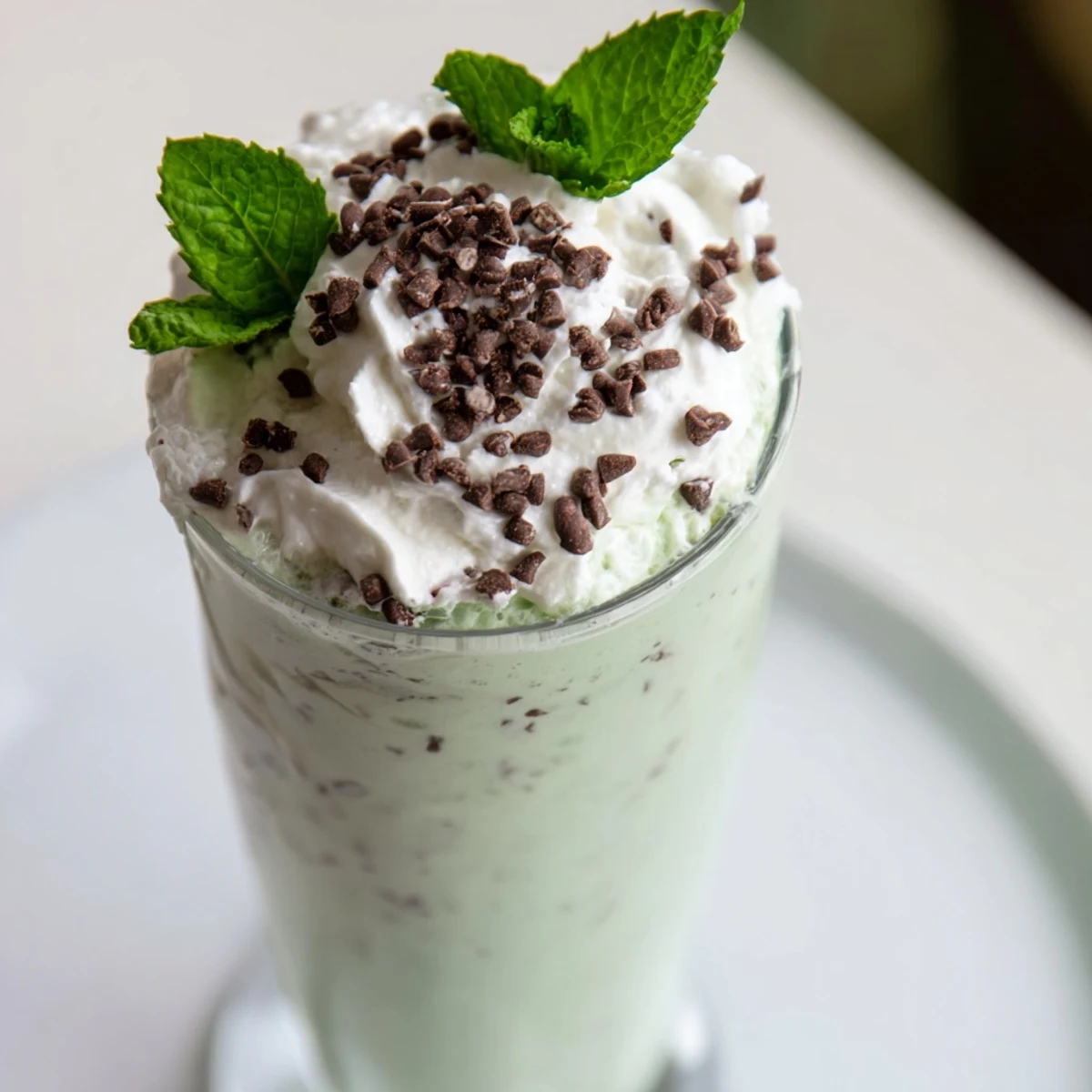 Creamy mint chocolate chip milkshake topped with fluffy whipped cream, chocolate shavings, and fresh mint leaves in a tall glass.