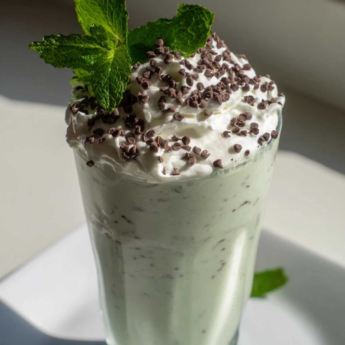 Cool mint milkshake with mini chocolate chips, green hue, and a swirl of homemade whipped cream, served with a striped straw.