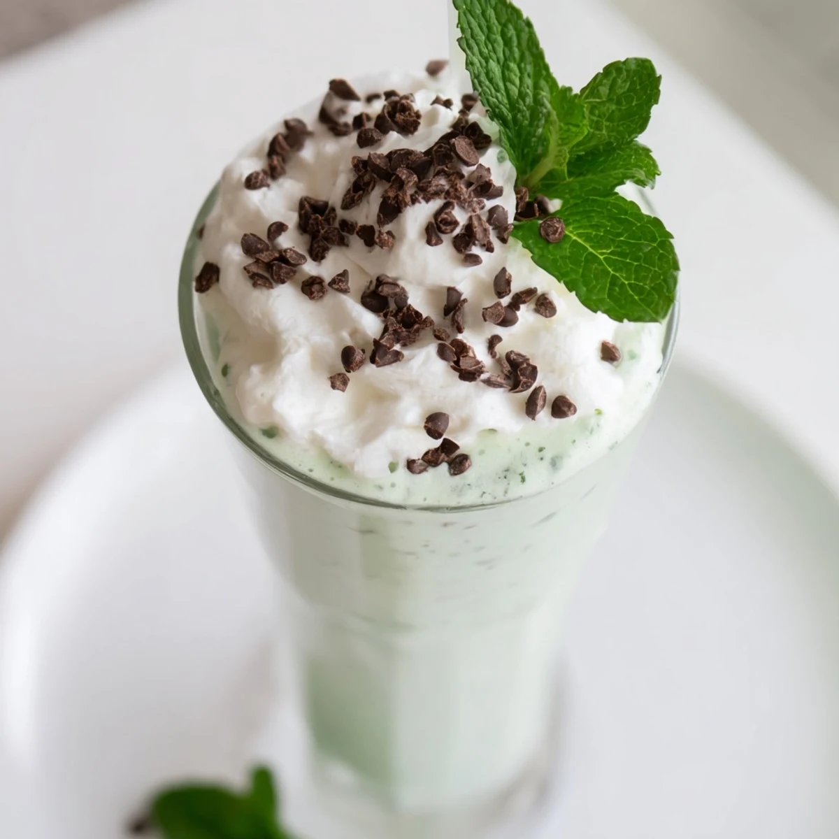 Two frosty glasses of homemade mint chocolate chip milkshake crowned with whipped cream and chocolate chips on a summer table.