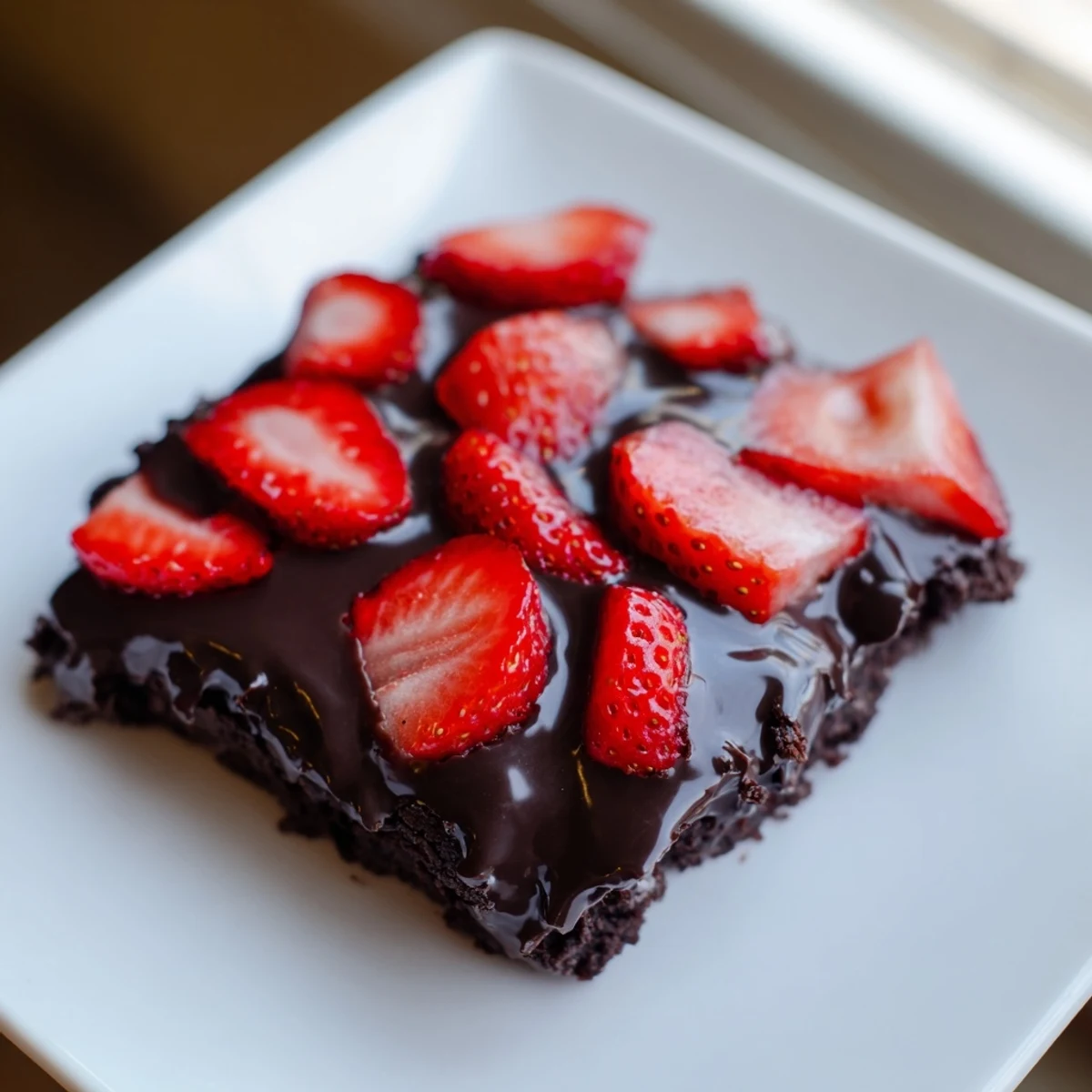 Rich Chocolate Covered Strawberry Brownies topped with fresh strawberries and smooth ganache, cut into neat squares on a parchment-lined board.
