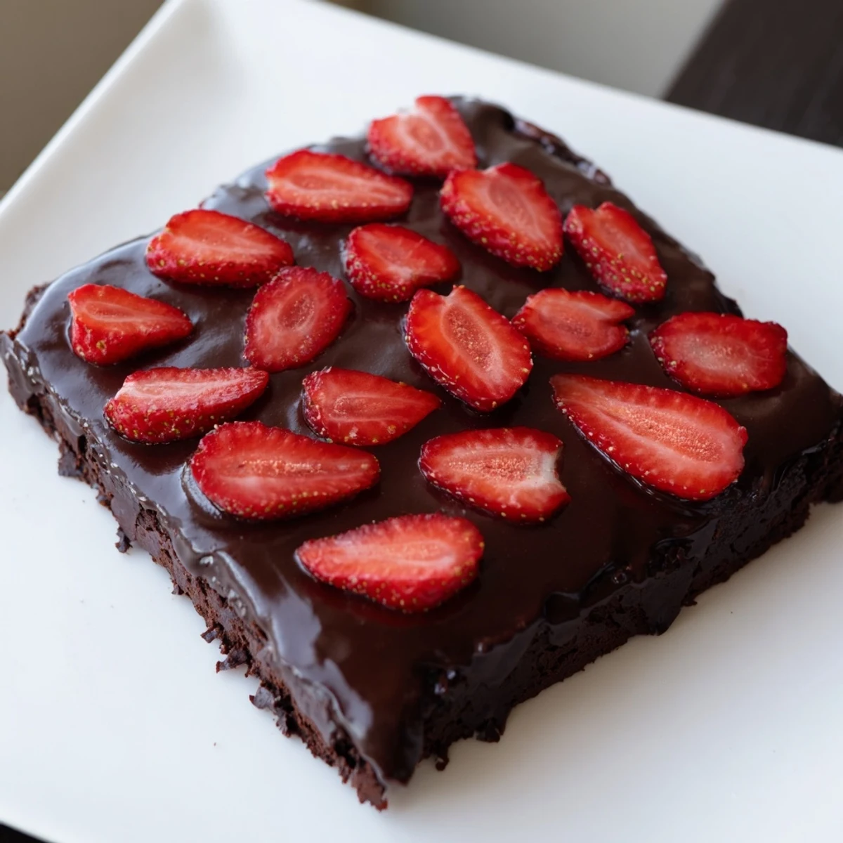 Decadent Chocolate Covered Strawberry Brownies featuring a fudgy cocoa base, glossy chocolate ganache, and halved fresh strawberries, served on a rustic plate.