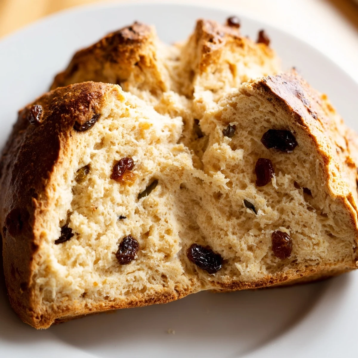 A rustic round loaf of Irish Soda Bread with Raisins and Caraway resting on parchment, highlighting the deep X cross on top.