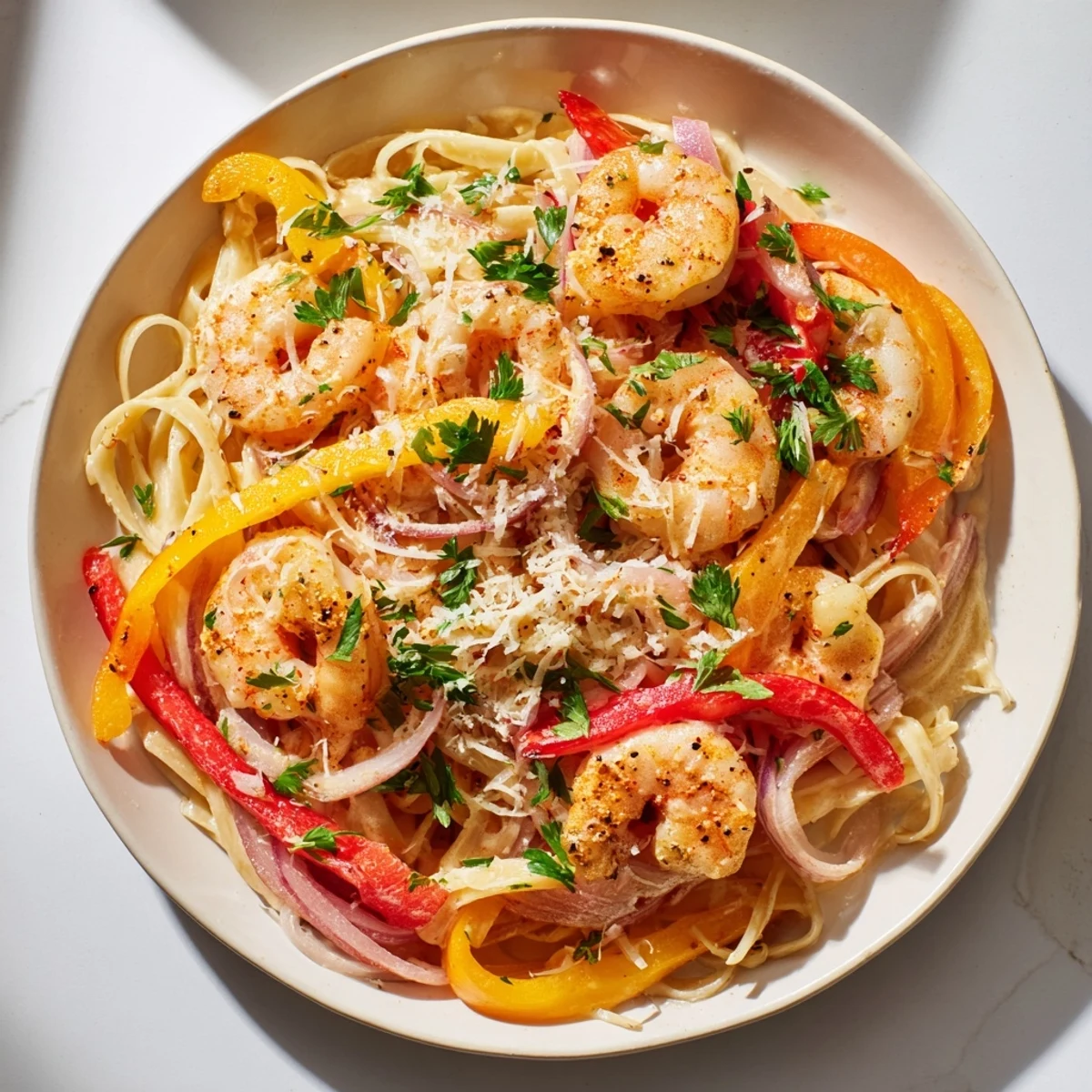 Freshly cooked Creamy Cajun Shrimp Pasta with bell peppers, parsley, and grated Parmesan in a skillet.