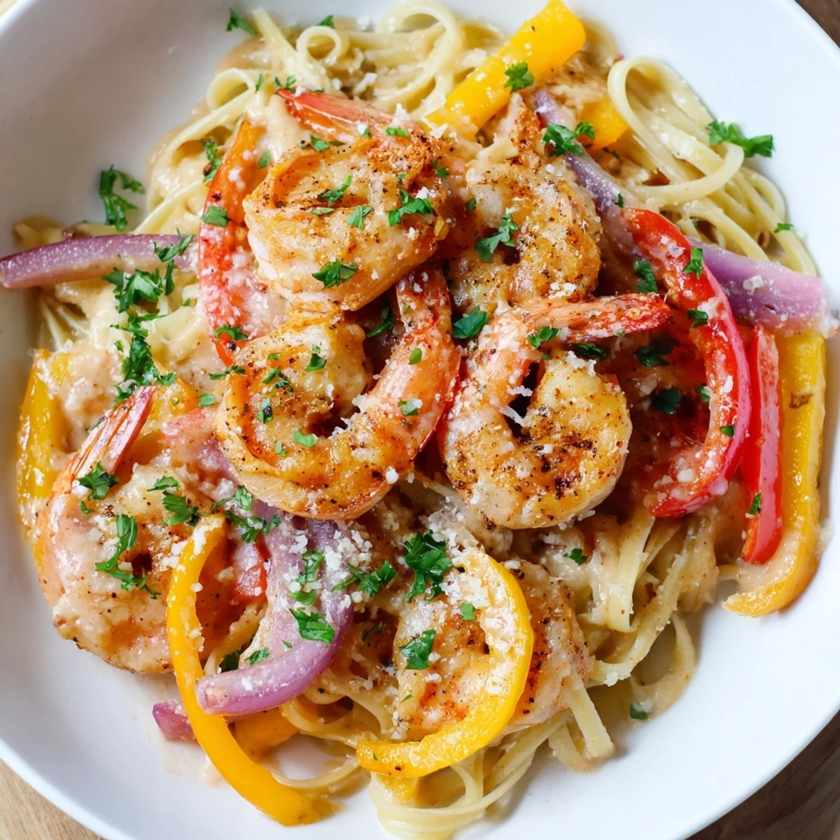 Close-up of Creamy Cajun Shrimp Pasta showing rich Cajun cream sauce, colorful peppers, and parsley garnish.