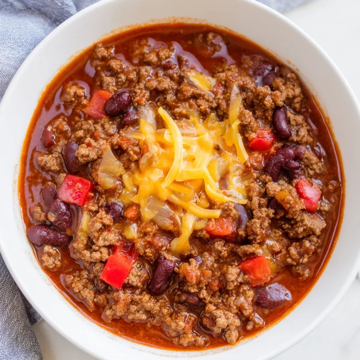 Close-up of Spicy Beef Chili with Cheddar Cheese showing rich, thick texture in a ladle, ready to serve over baked potatoes.