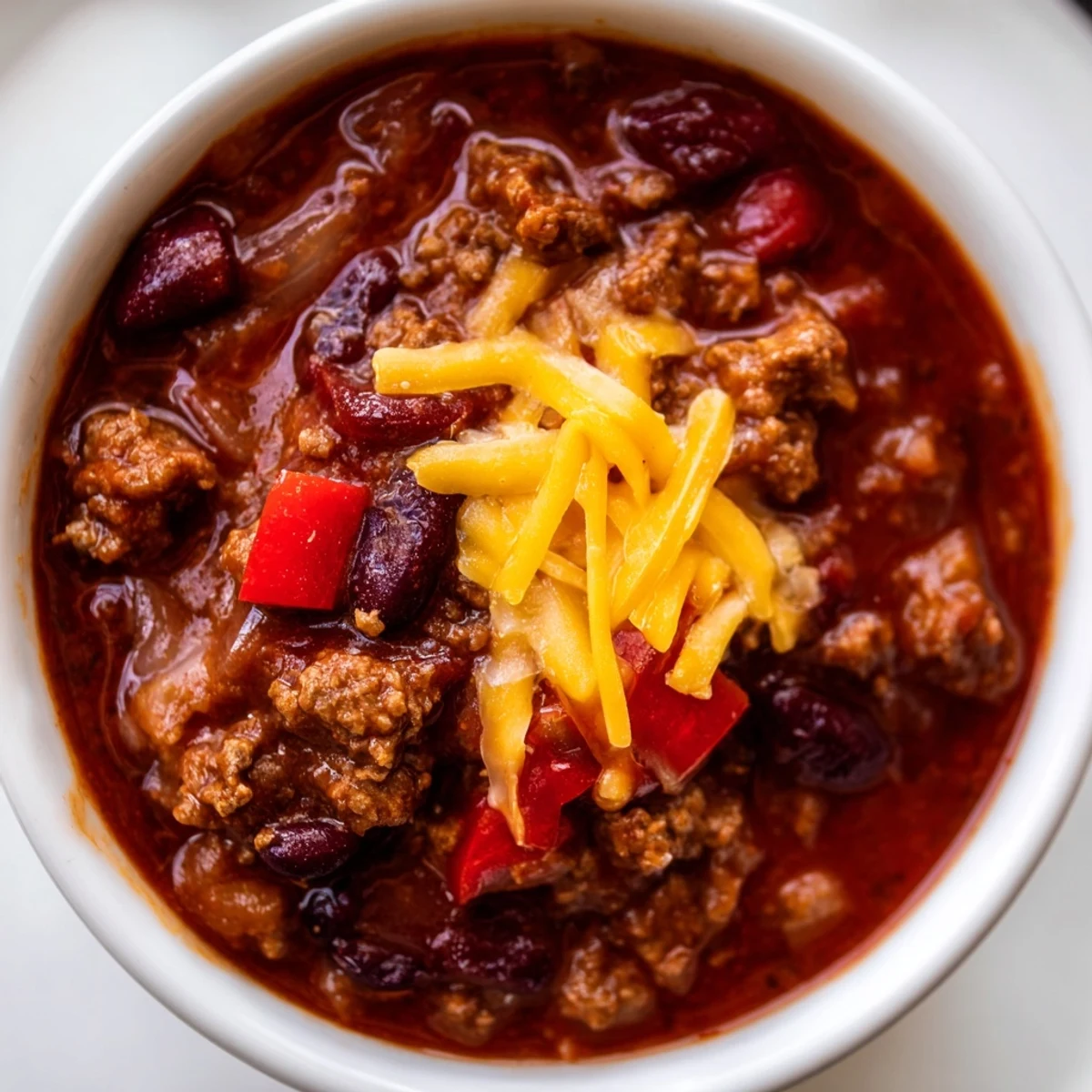 Steaming pot of Spicy Beef Chili with Cheddar Cheese featuring ground beef, beans, and peppers, garnished with melty cheese.