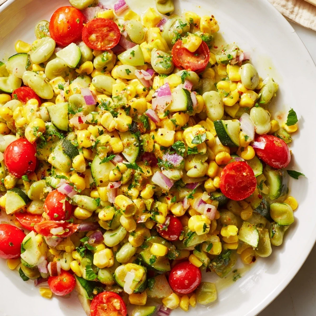 Succotash with Lima Beans and Corn simmering in a large skillet with red bell pepper and zucchini, garnished with fresh parsley.