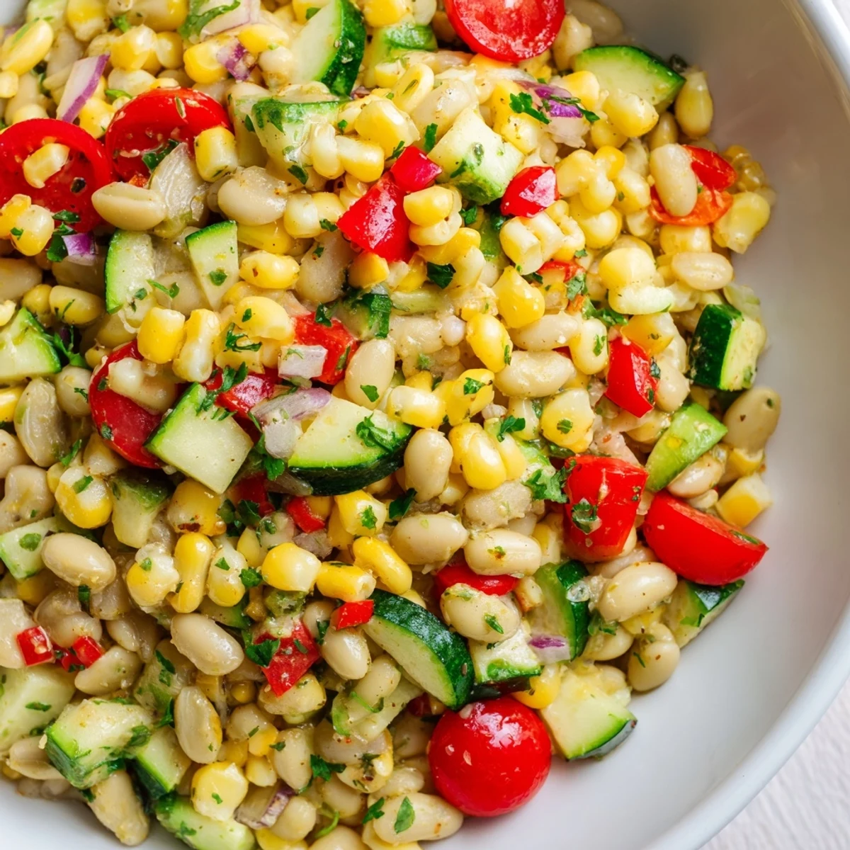 A close-up of Succotash with Lima Beans and Corn, showcasing tender vegetables and a savory broth in a rustic skillet.