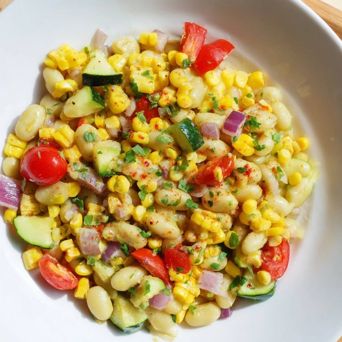A colorful bowl of Succotash with Lima Beans and Corn, topped with halved cherry tomatoes and served alongside grilled chicken.