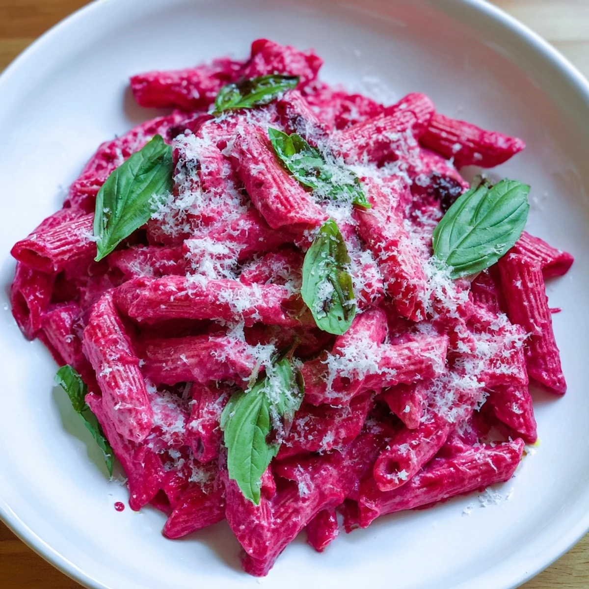 Creamy pink pasta with beet cream sauce topped with fresh basil and grated Parmesan, served hot as a vibrant vegetarian dinner.