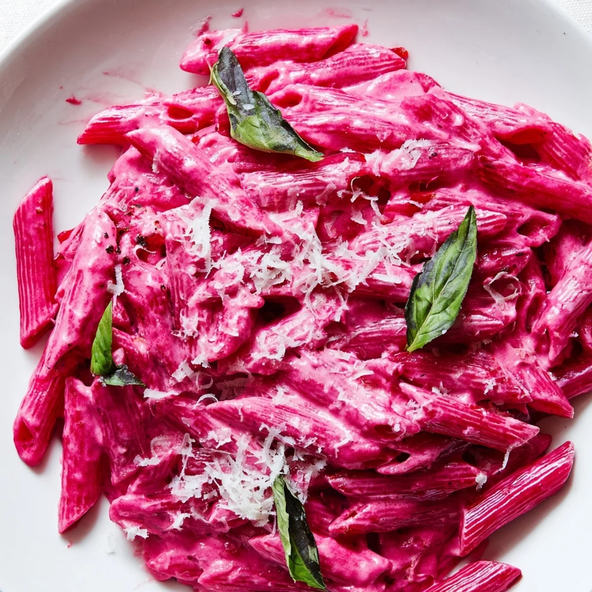 A warm bowl of Pink Pasta with Beet Cream Sauce, tossed with penne and garnished with fresh basil leaves.