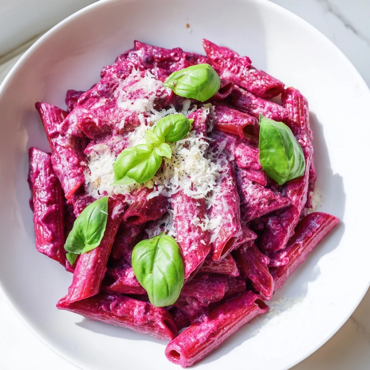 Vivid magenta beet cream sauce coats penne pasta in a white bowl, garnished with basil, perfect for an elegant meal.