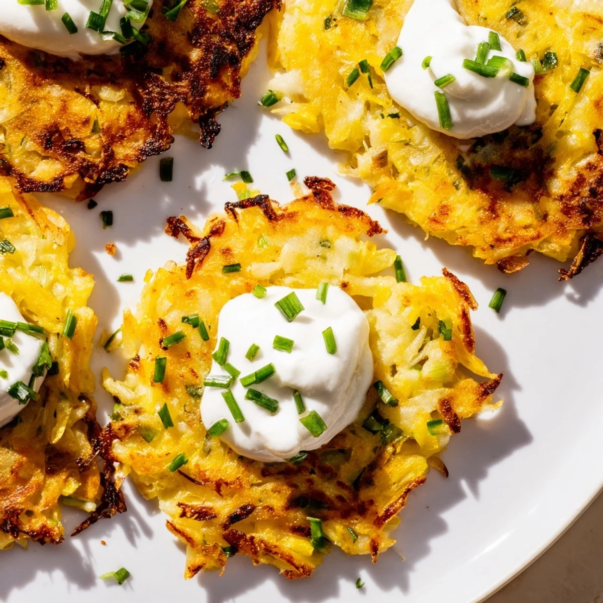 A close-up of golden Potato Cakes with Scallions and Sour Cream served hot on a plate.