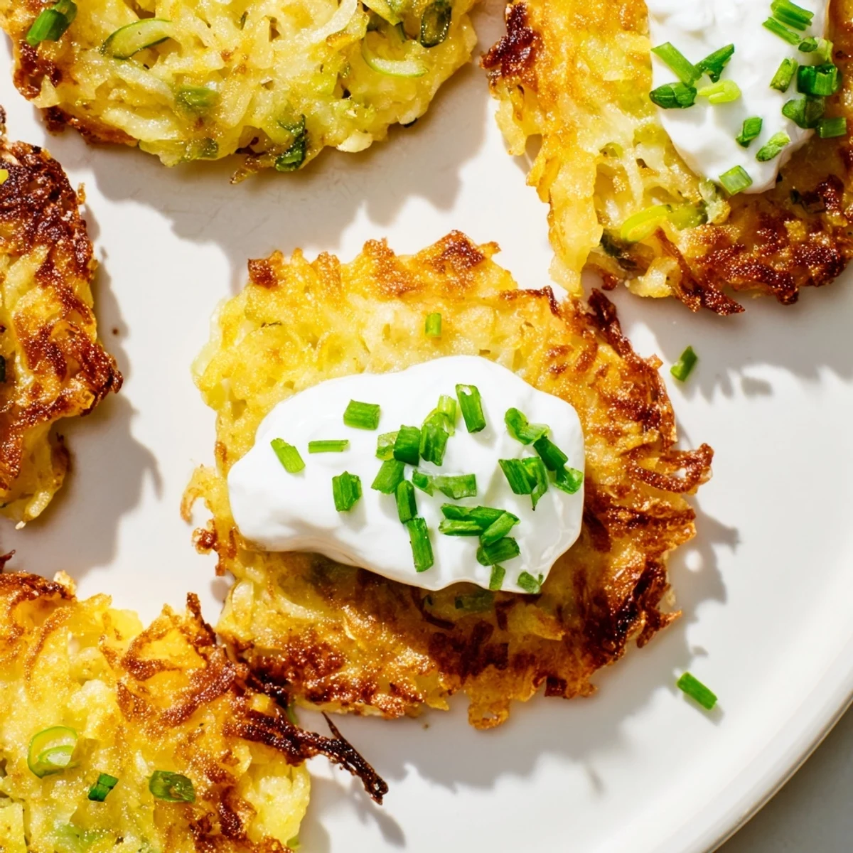 Crispy, golden brown Potato Cakes with Scallions and Sour Cream, a perfect vegetarian side dish.