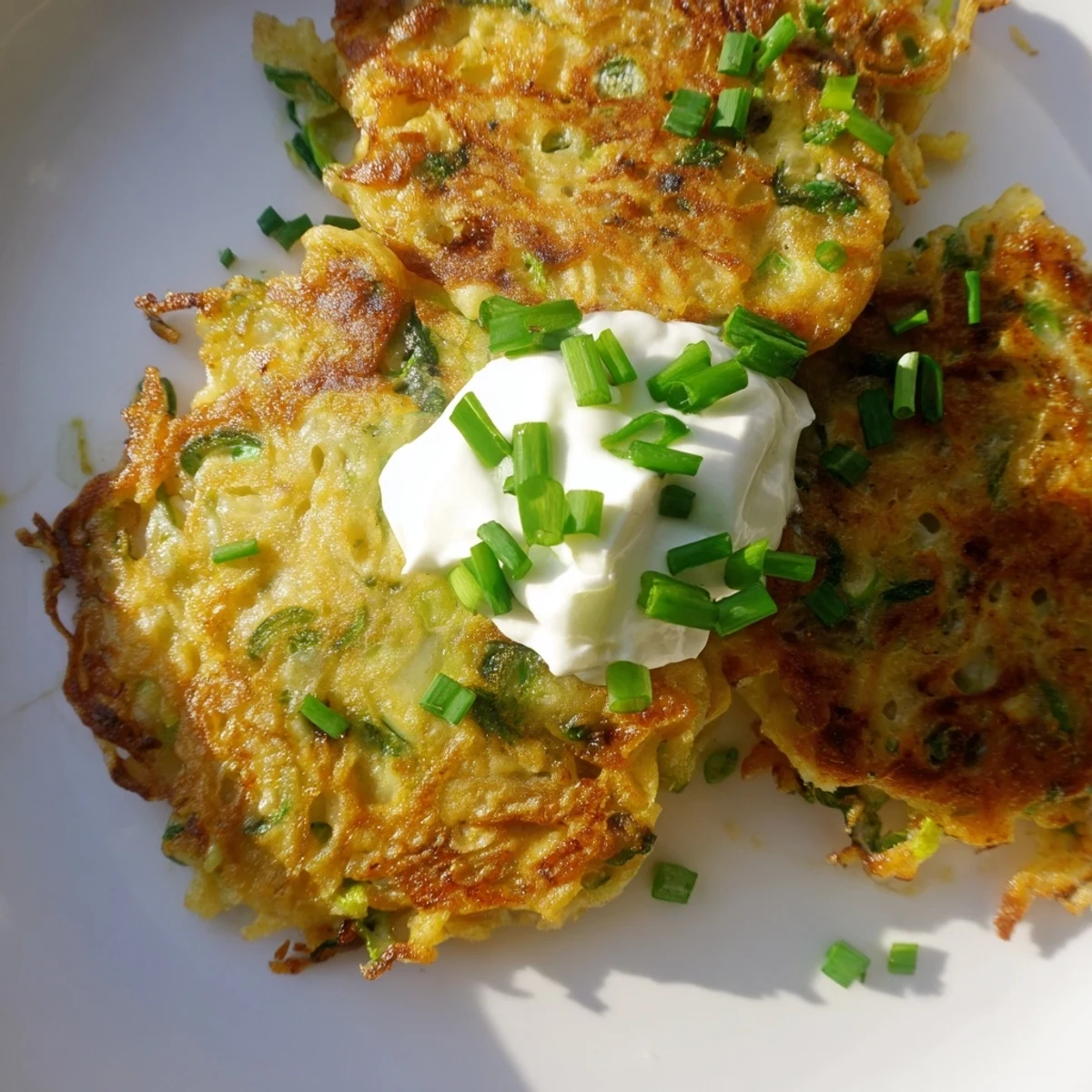 Homemade Potato Cakes with Scallions and Sour Cream, topped with fresh chives, ready to serve.