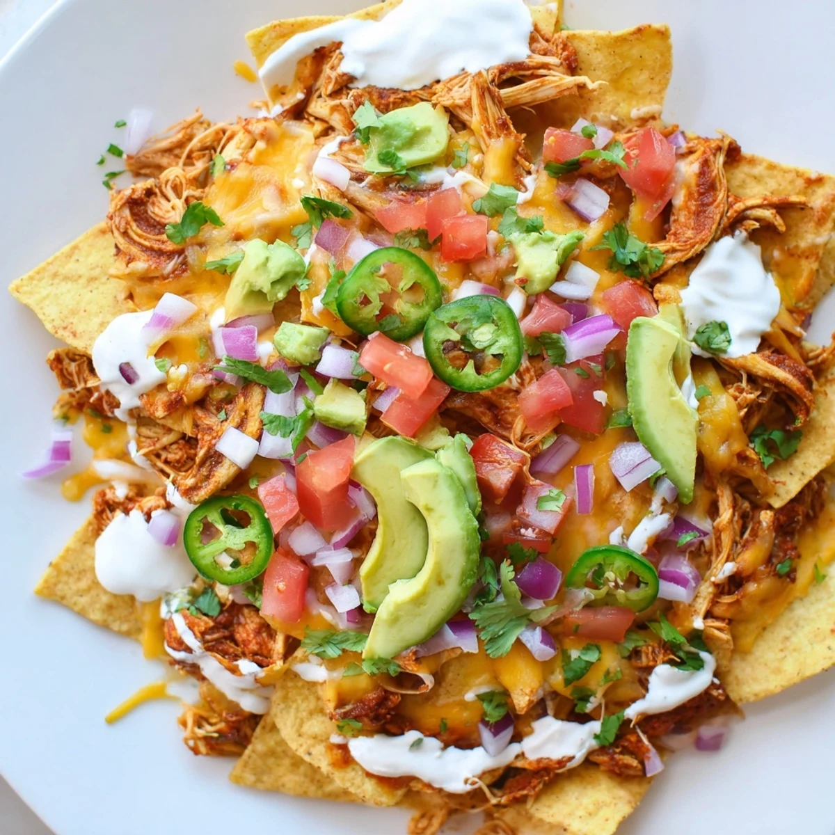 A close-up of baked pulled chicken nachos with jalapeños, sour cream drizzle, and diced avocado for a party appetizer.