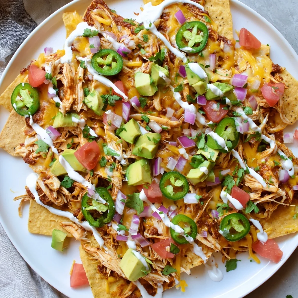 Freshly baked pulled chicken nachos with jalapeños, red onion, cilantro, and lime wedges, served on a rustic baking sheet.