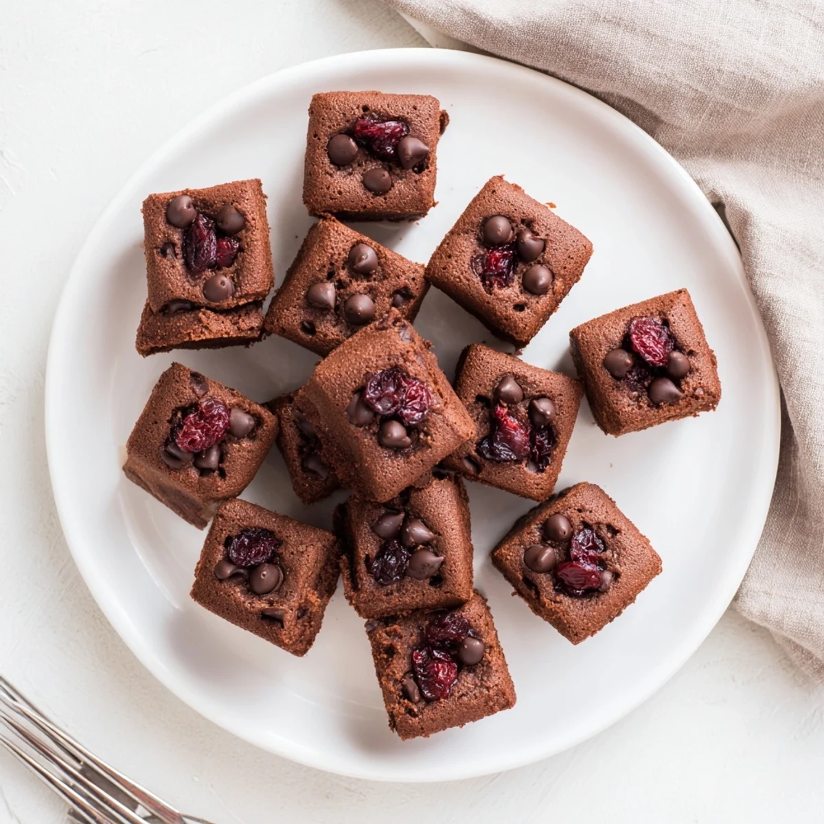 Freshly baked Chocolate Cherry Brownie Bites are displayed on a wire rack, showcasing gooey melted chocolate chips and tart dried cherries in a fudgy, bite-sized treat.