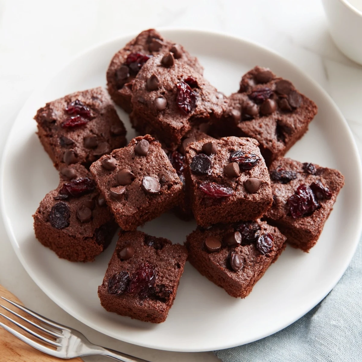 A close-up view of a Chocolate Cherry Brownie Bite split in half to reveal a moist, dark chocolate interior studded with vibrant red cherry pieces.