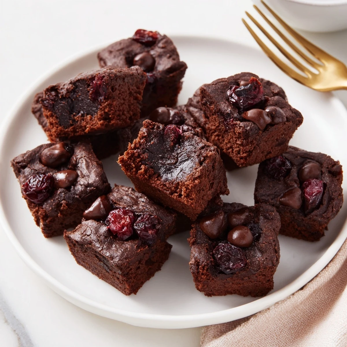 A small white plate holds several Chocolate Cherry Brownie bites, dusted with powdered sugar and ready to serve with a glass of ruby port.