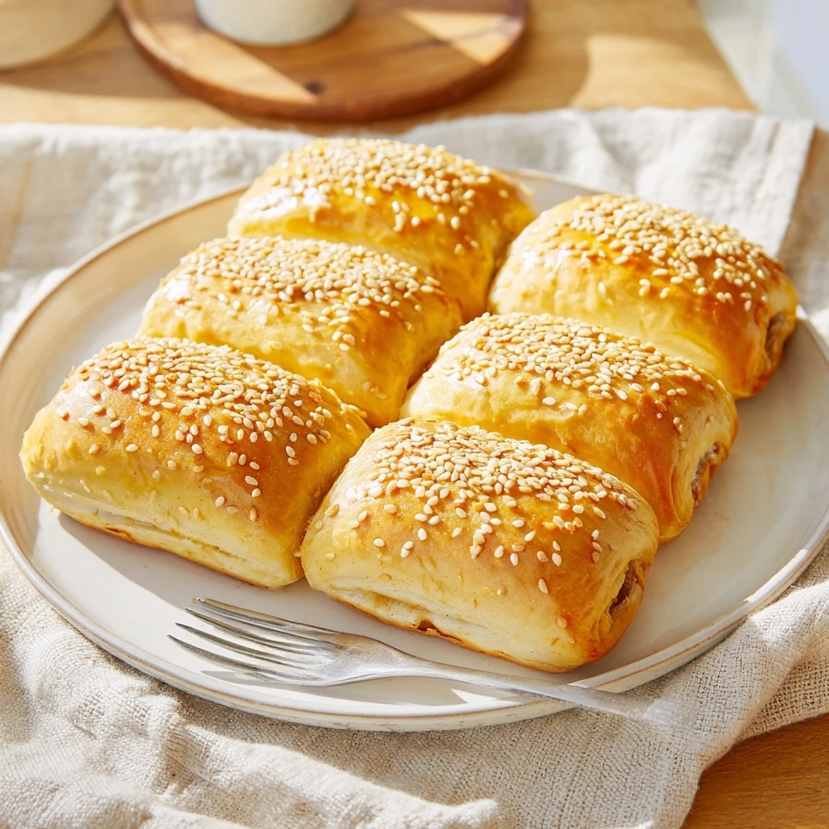 Twelve golden, flaky sausage rolls filled with savory beef are arranged on a baking sheet, ready to serve as a party appetizer. 