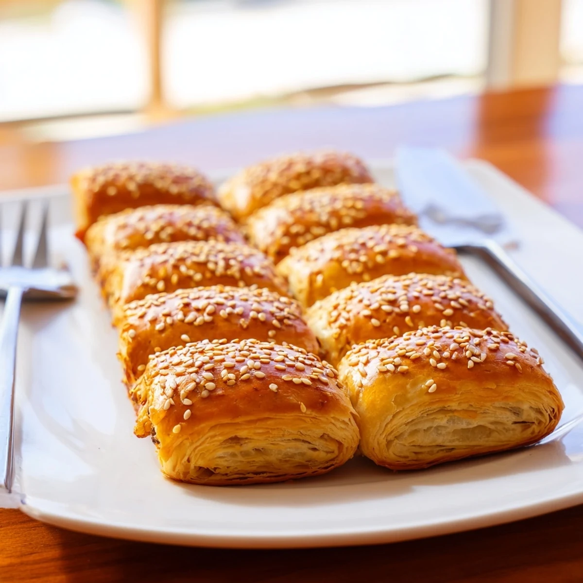 A close view of freshly baked sausage rolls with golden puff pastry, scattered sesame seeds, and a side of dipping sauce. 