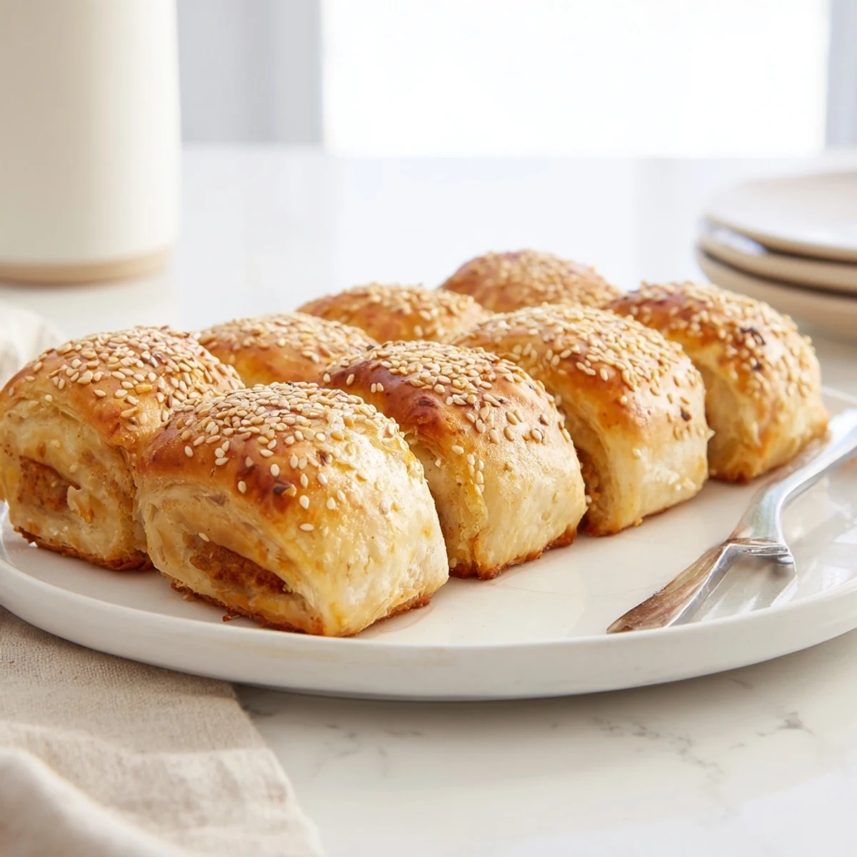 Golden-brown sausage rolls on a rustic wooden board, showcasing flaky puff pastry and a hearty beef filling for a snack.