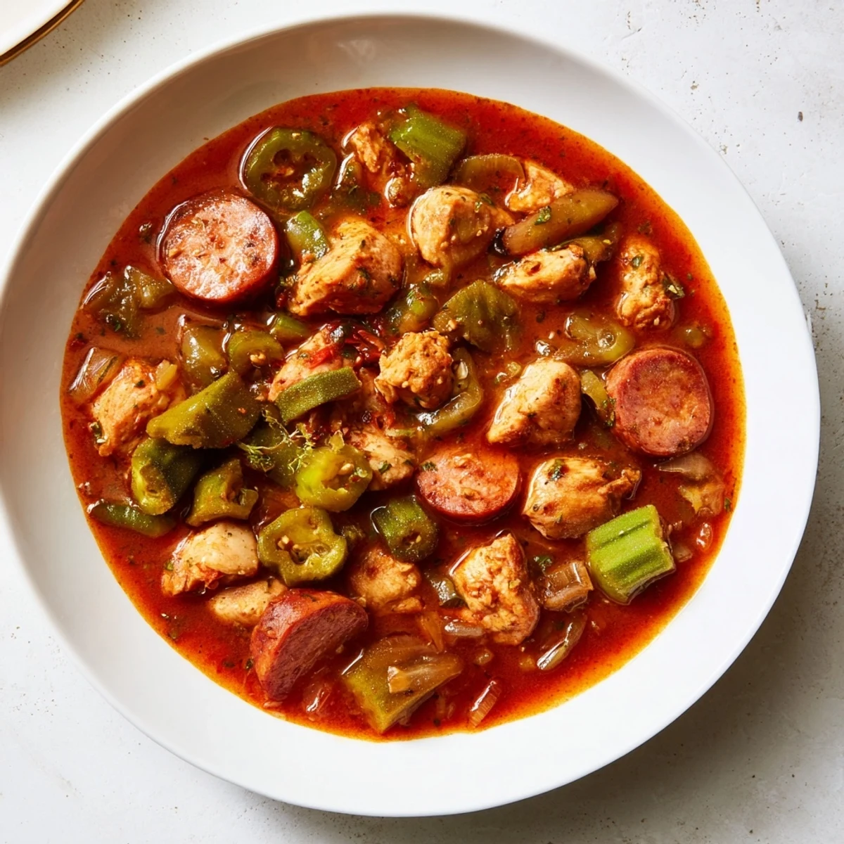 A warm bowl of Chicken and Sausage Stew with Okra, featuring tender chicken thighs and smoky sausage in a rich tomato broth, ready to serve.