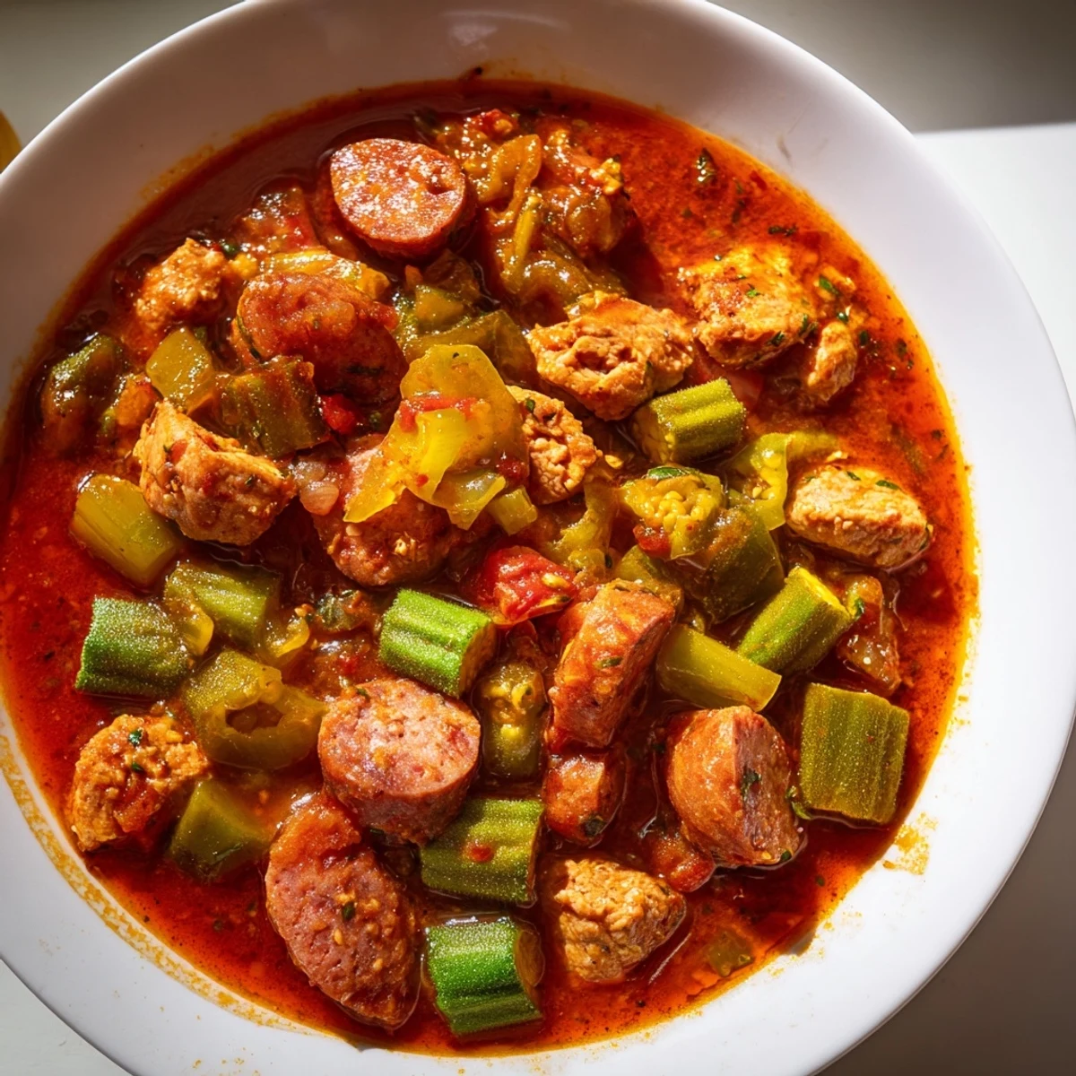 Hearty Chicken and Sausage Stew with Okra simmering in a Dutch oven, with vibrant okra slices and fresh parsley garnish, perfect for a Southern dinner.