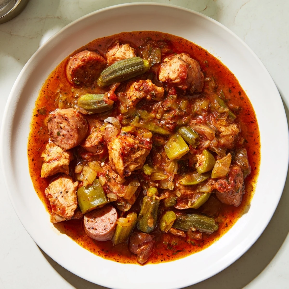 Close-up of Chicken and Sausage Stew with Okra over fluffy white rice, showcasing tender meat, okra, and a robust tomato-based broth in a rustic bowl.