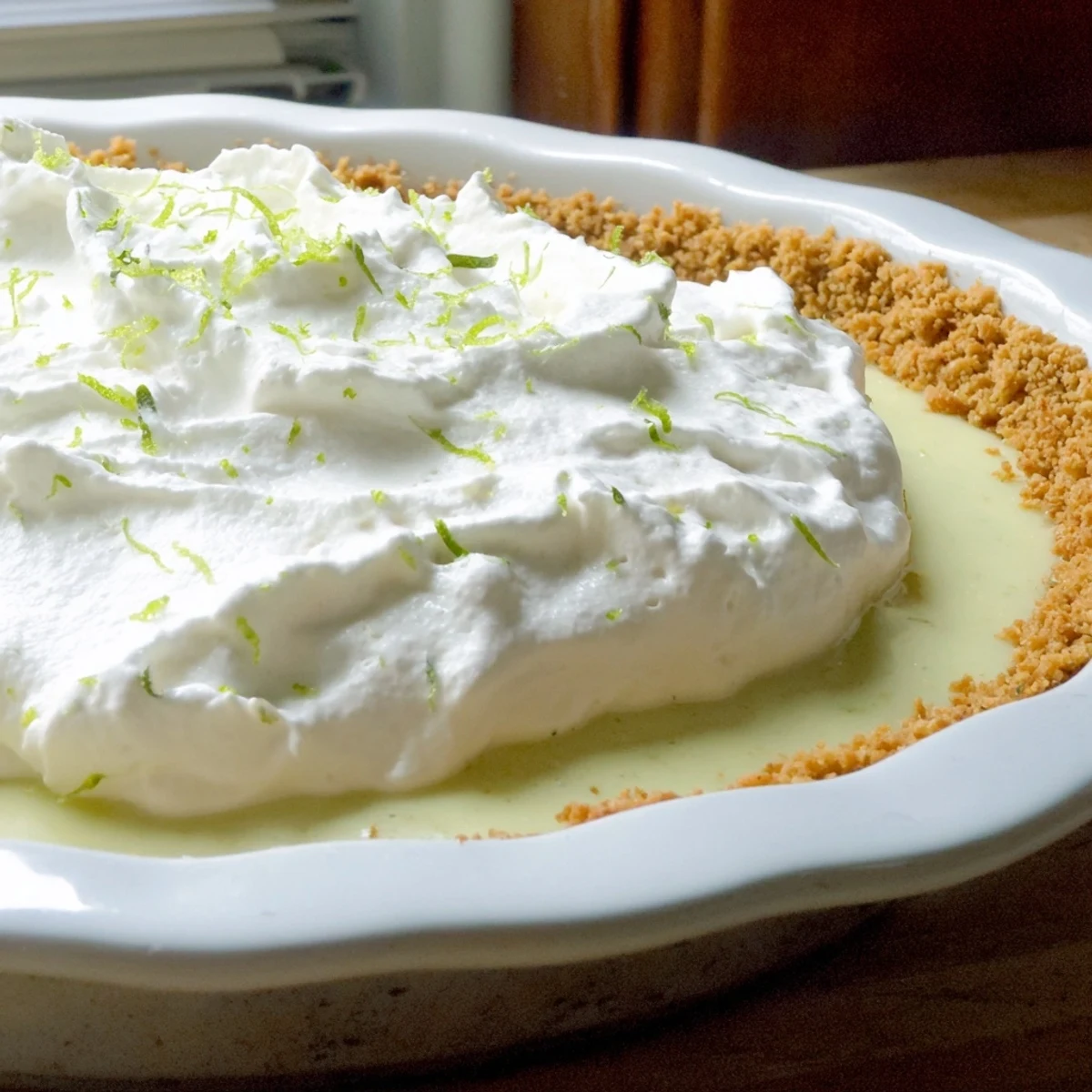 Key Lime Pie with Whipped Cream Topping showcases a vibrant green filling in a graham cracker crust.