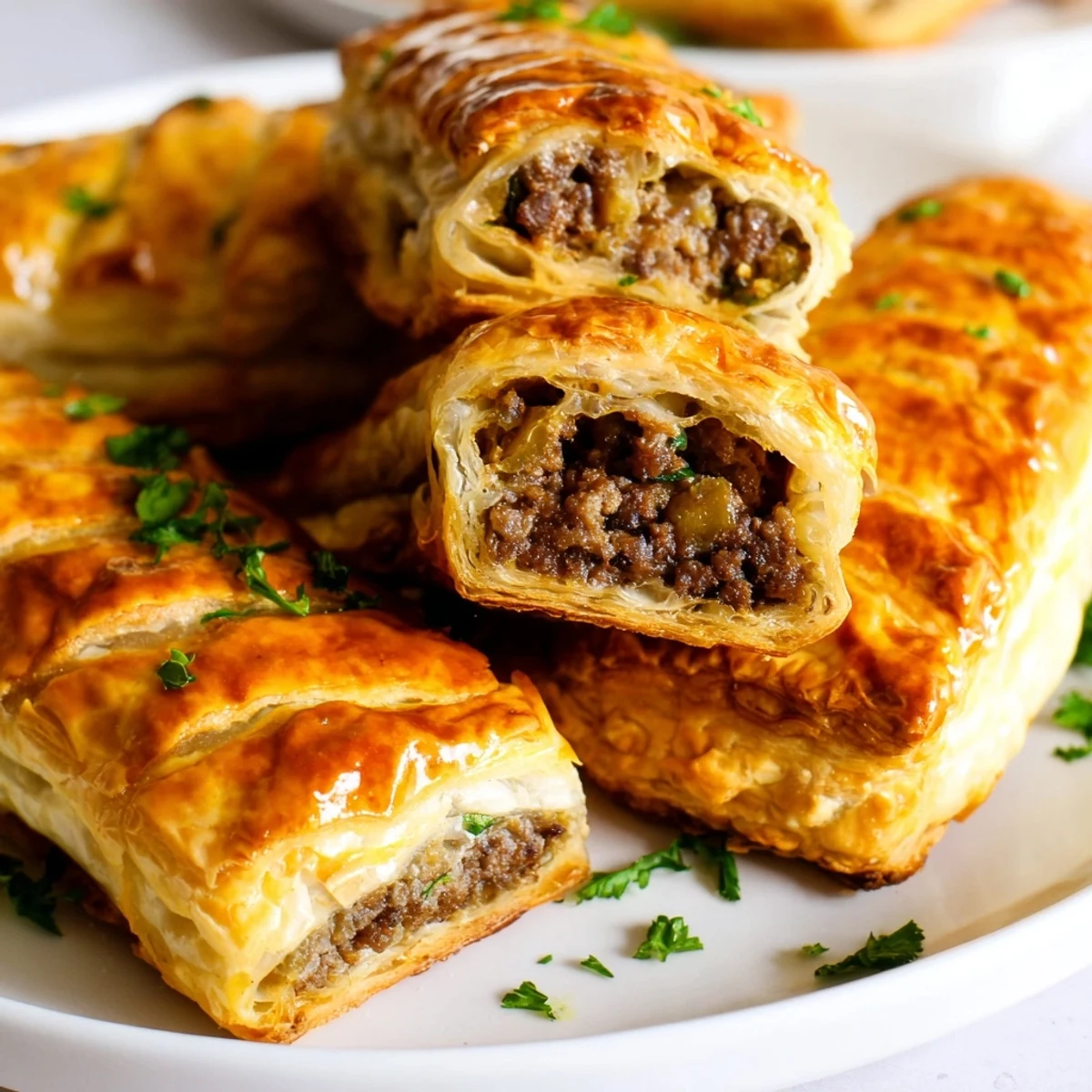 Golden, flaky puff pastry wrapped around savory beef sausage filling on a baking sheet.