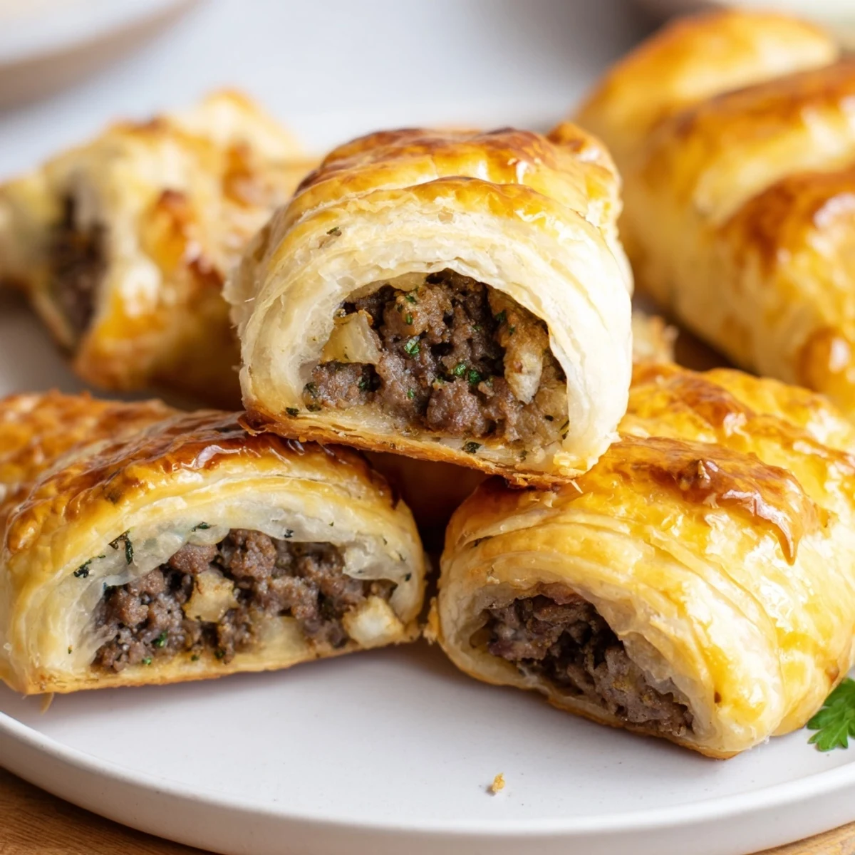 Homemade sausage rolls with golden pastry and a seasoned beef filling, served warm.