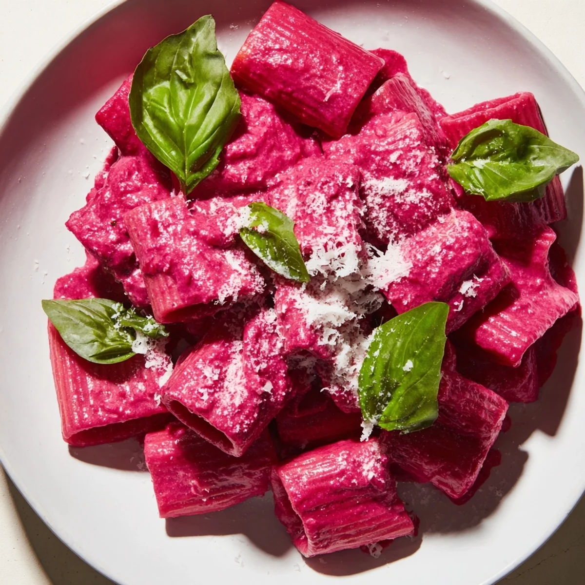 A serving of Pink Pasta with Beet Cream Sauce twirled on a fork, showing the creamy texture against a rustic wooden table.