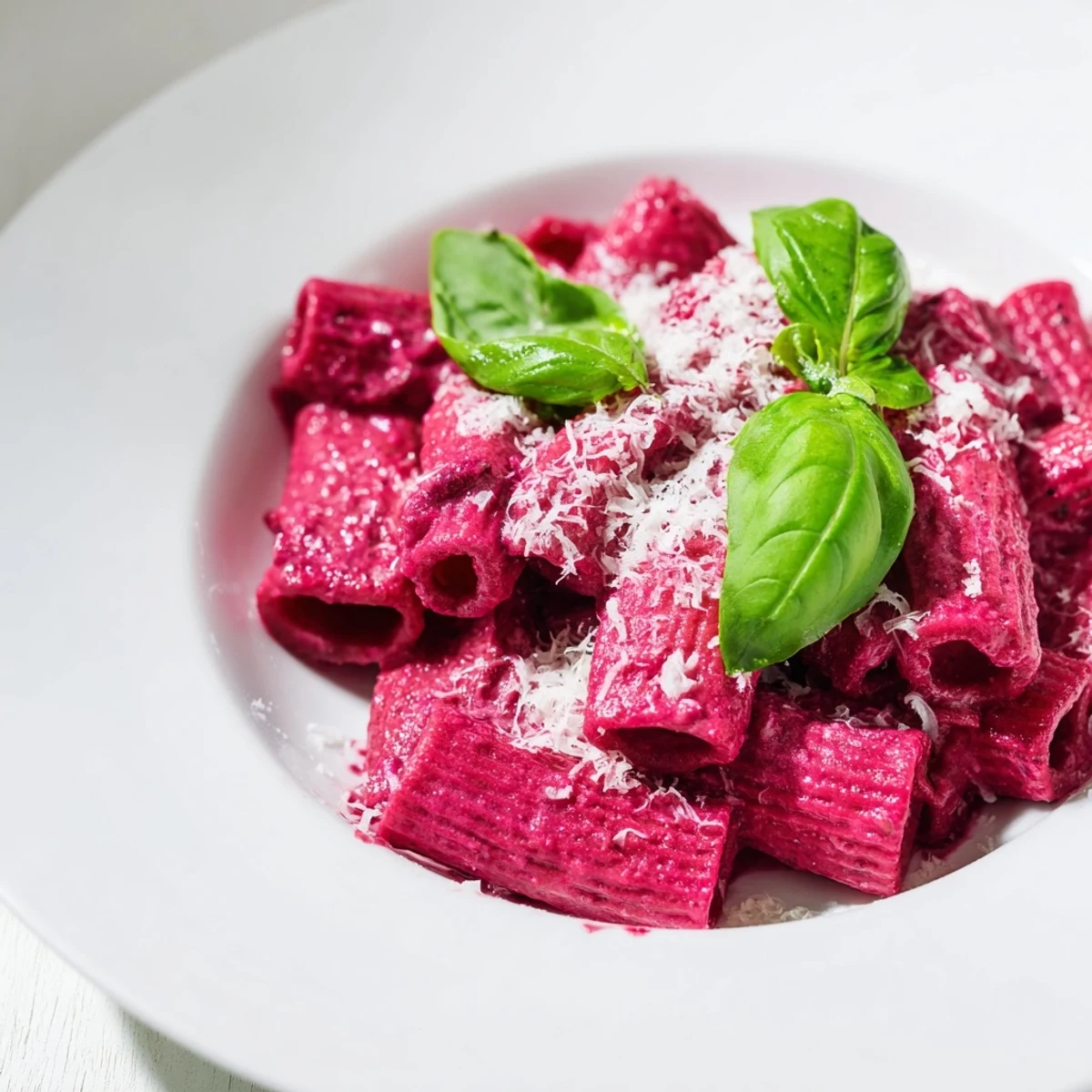 A close-up view of Pink Pasta with Beet Cream Sauce in a white bowl, highlighting the vibrant pink sauce and fresh basil garnish.