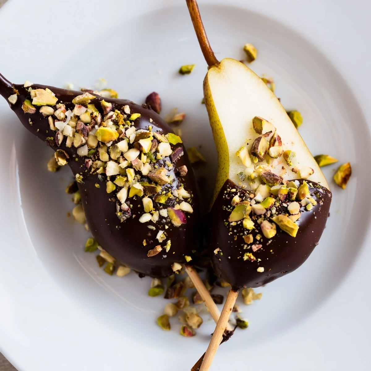 Juicy pear halves dipped in rich dark chocolate and topped with crunchy mixed nuts for a simple, elegant dessert.