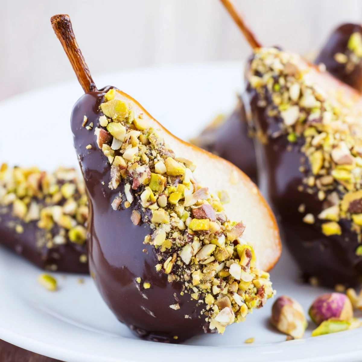 Ripe pear slices smothered in melted chocolate and sprinkled with chopped nuts, a perfect gluten-free sweet treat.