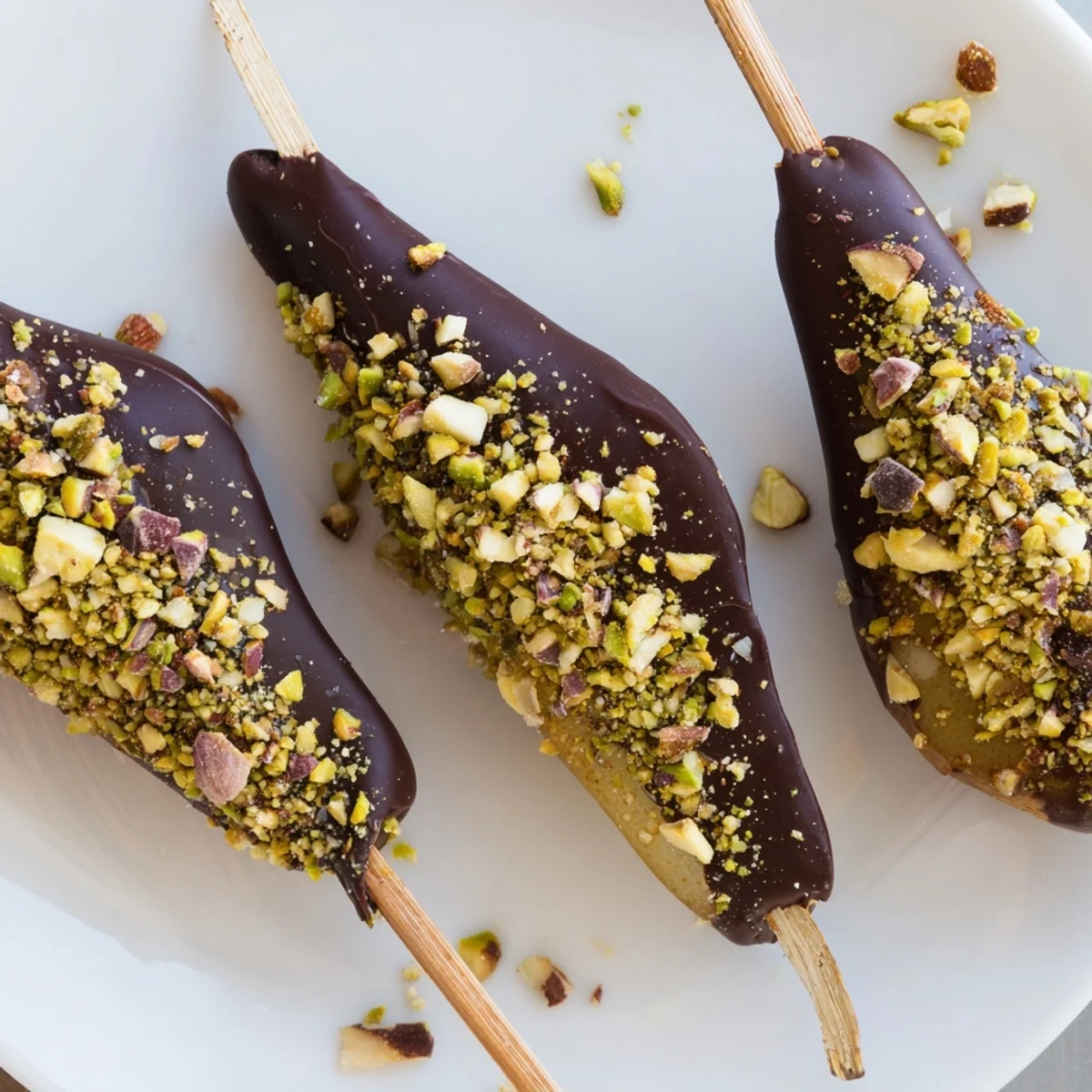 A close-up view of chocolate covered pears with nuts, ready to serve at a festive gathering.